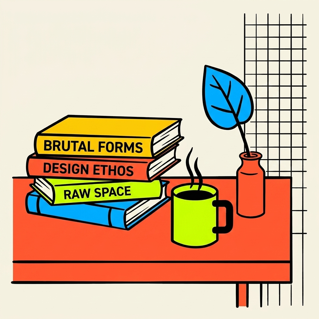Neo-brutalist hand-drawn styled work desk with books, coffee mug, and plant